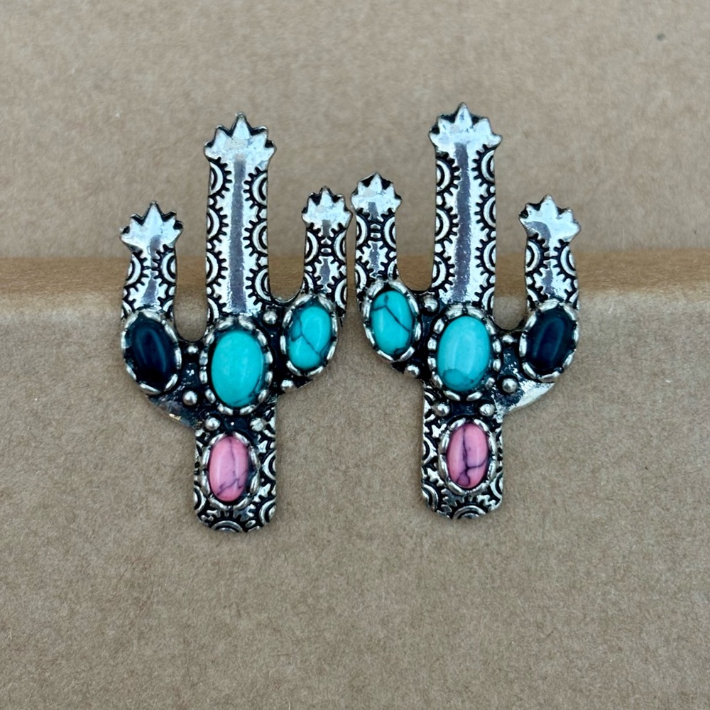 Southwestern Silver Plated Cactus Stud Earrings 🌵Turquoise, Coral, Lapis Accents